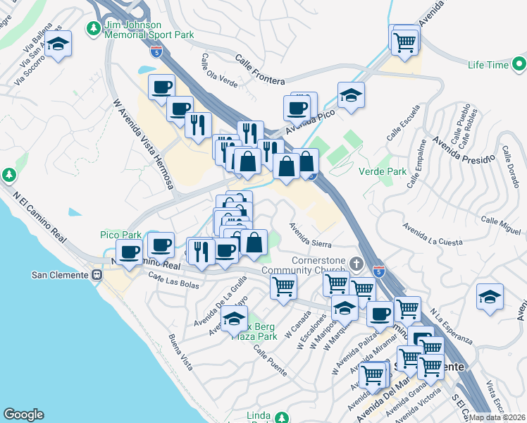 map of restaurants, bars, coffee shops, grocery stores, and more near 110 Calle Redondel in San Clemente