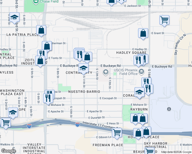 map of restaurants, bars, coffee shops, grocery stores, and more near 1245c South 12th Street in Phoenix