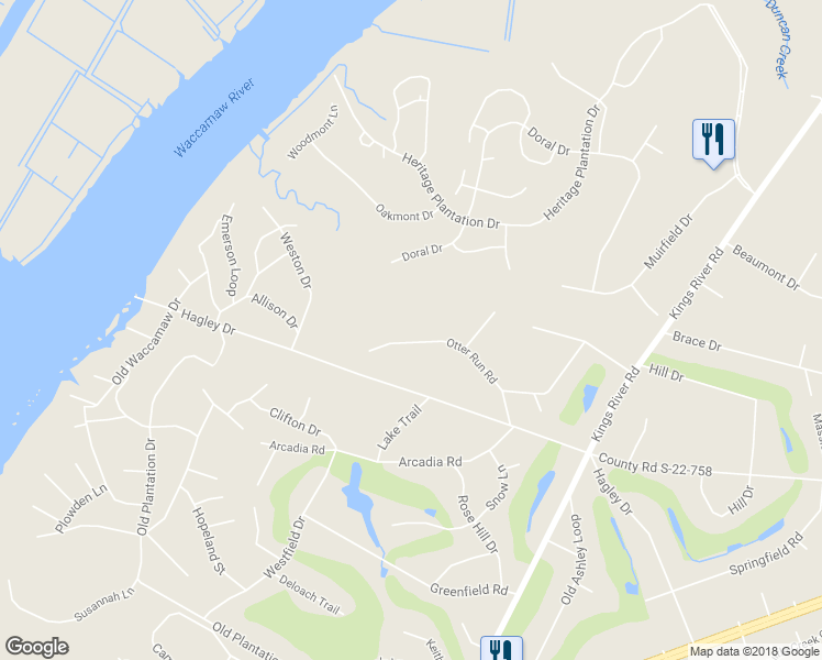 map of restaurants, bars, coffee shops, grocery stores, and more near 332 Otter Run Road in Pawleys Island