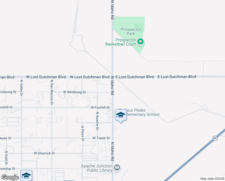 map of restaurants, bars, coffee shops, grocery stores, and more near 68 West Windsong Street in Apache Junction
