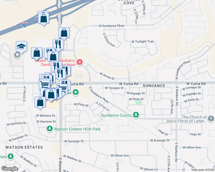 map of restaurants, bars, coffee shops, grocery stores, and more near 23169 West Yavapai Street in Buckeye