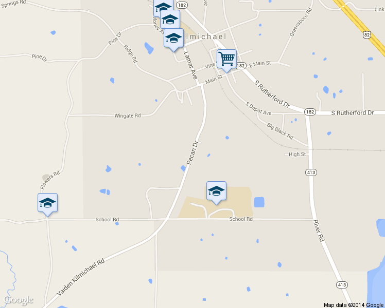 map of restaurants, bars, coffee shops, grocery stores, and more near 305 Pecan Drive in Kilmichael