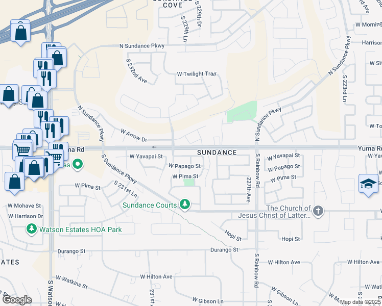 map of restaurants, bars, coffee shops, grocery stores, and more near 22975 West Yavapai Street in Buckeye