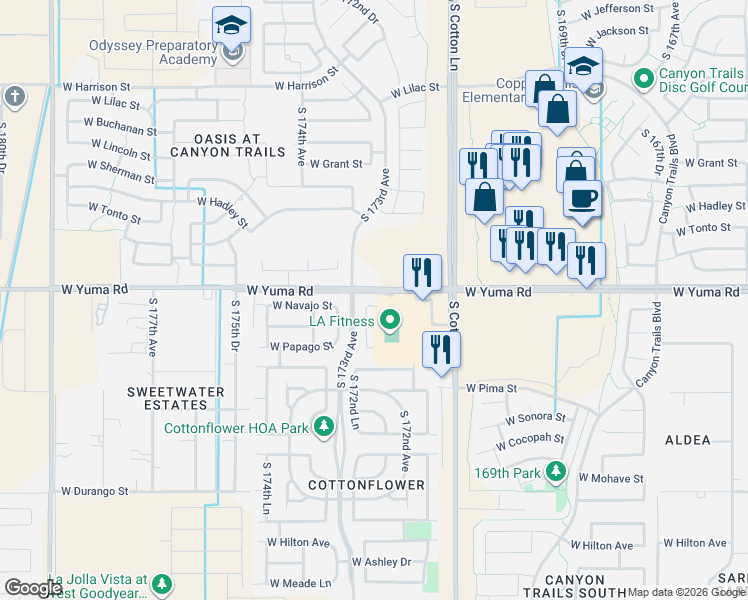 map of restaurants, bars, coffee shops, grocery stores, and more near 1254 South 172nd Lane in Goodyear