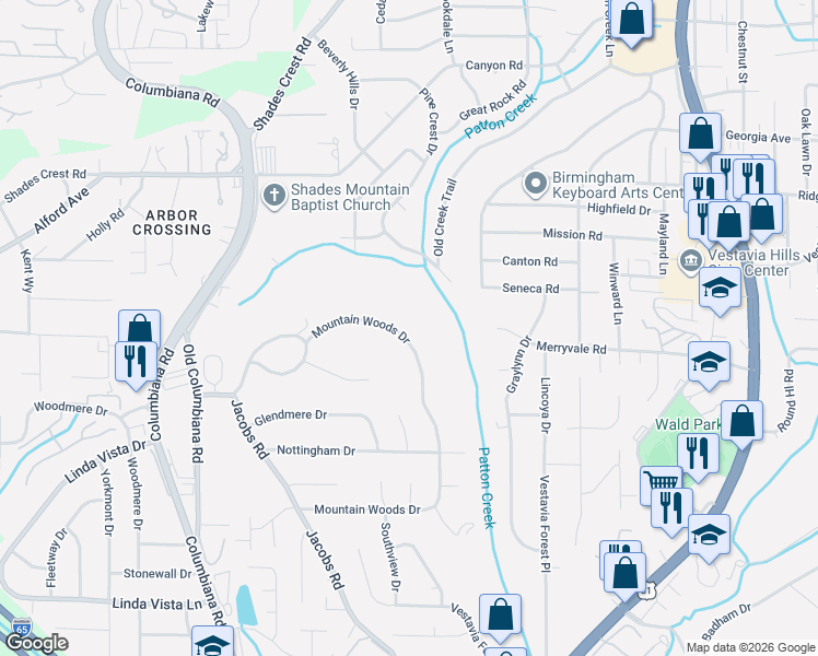 map of restaurants, bars, coffee shops, grocery stores, and more near 2537 Mountain Woods Drive in Vestavia Hills