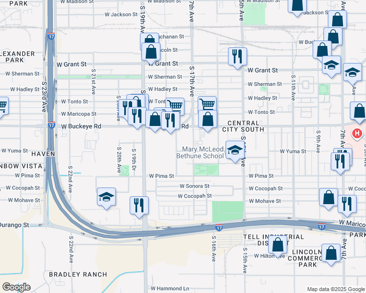 map of restaurants, bars, coffee shops, grocery stores, and more near 1718 West Yuma Street in Phoenix