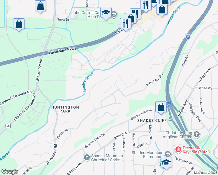 map of restaurants, bars, coffee shops, grocery stores, and more near 2333 Huntington Ridge Road in Birmingham