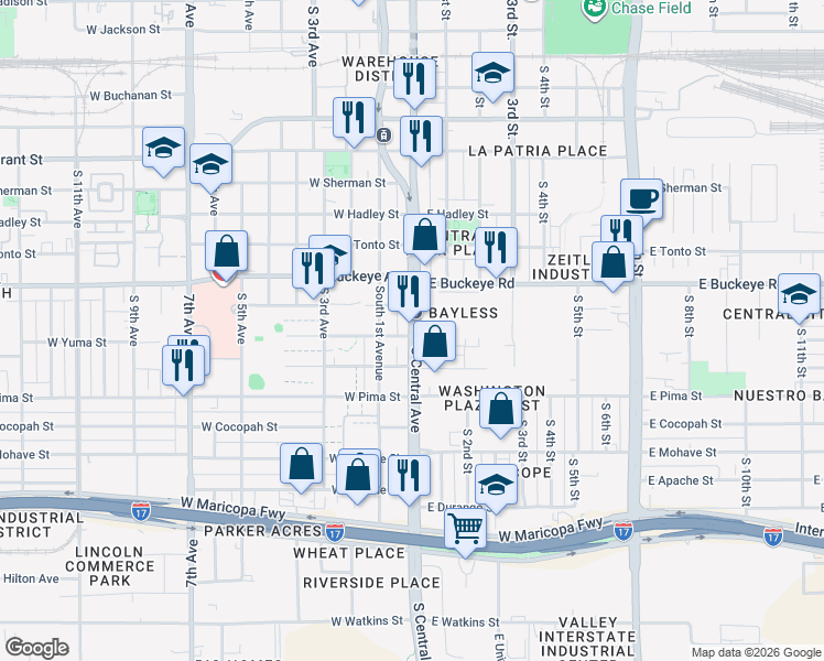 map of restaurants, bars, coffee shops, grocery stores, and more near 6 West Yuma Street in Phoenix