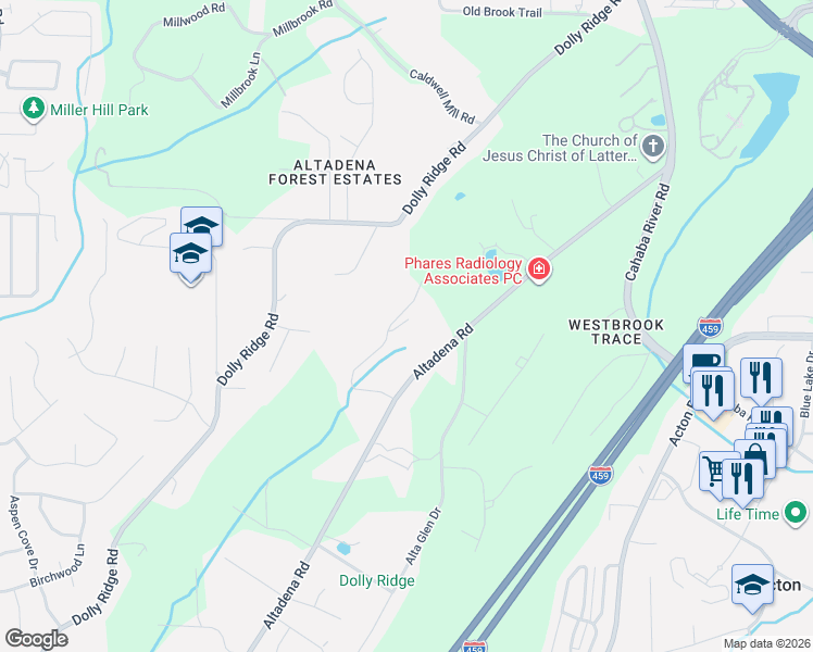 map of restaurants, bars, coffee shops, grocery stores, and more near 2639 Rillwood Road in Vestavia Hills