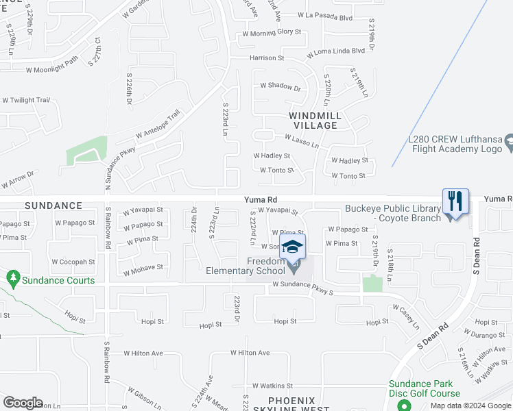 map of restaurants, bars, coffee shops, grocery stores, and more near 22262 West Yavapai Street in Buckeye