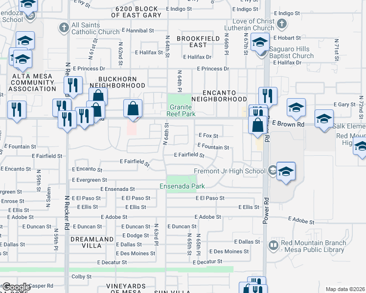 map of restaurants, bars, coffee shops, grocery stores, and more near 6450 East Fairfield Street in Mesa