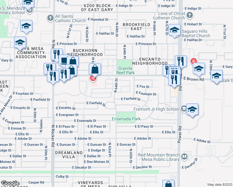 map of restaurants, bars, coffee shops, grocery stores, and more near 6402 East Fairfield Street in Mesa