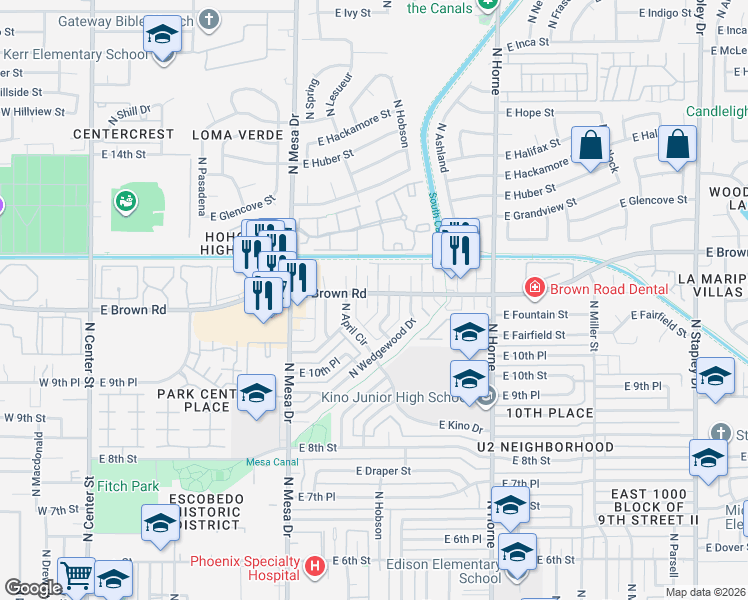 map of restaurants, bars, coffee shops, grocery stores, and more near 1063 North July Circle in Mesa