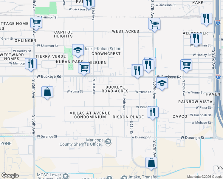 map of restaurants, bars, coffee shops, grocery stores, and more near 2939 West Yuma Street in Phoenix
