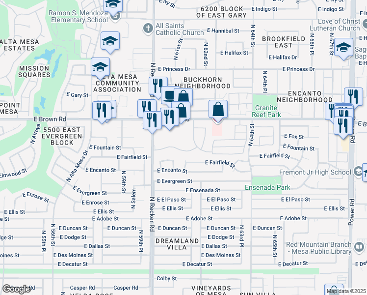 map of restaurants, bars, coffee shops, grocery stores, and more near 1055 North Recker Road in Mesa