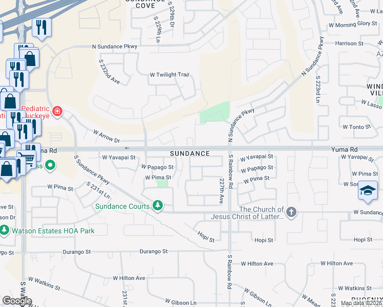 map of restaurants, bars, coffee shops, grocery stores, and more near 22836 West Yavapai Street in Buckeye