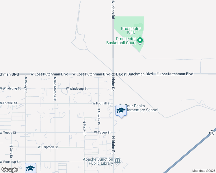 map of restaurants, bars, coffee shops, grocery stores, and more near 68 West Windsong Street in Apache Junction