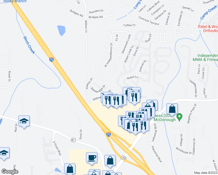 map of restaurants, bars, coffee shops, grocery stores, and more near 216 Sheraton Court in McDonough