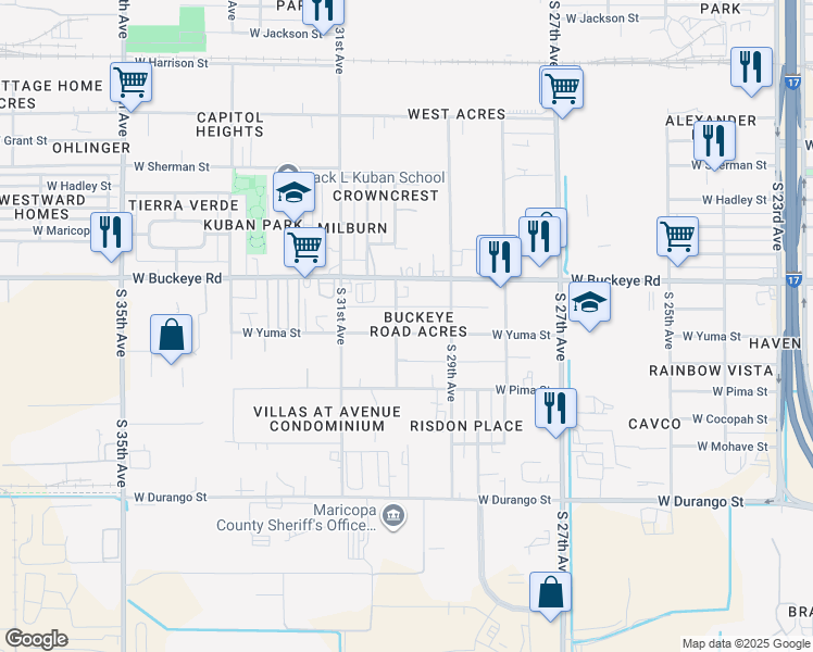 map of restaurants, bars, coffee shops, grocery stores, and more near 2939 West Yuma Street in Phoenix