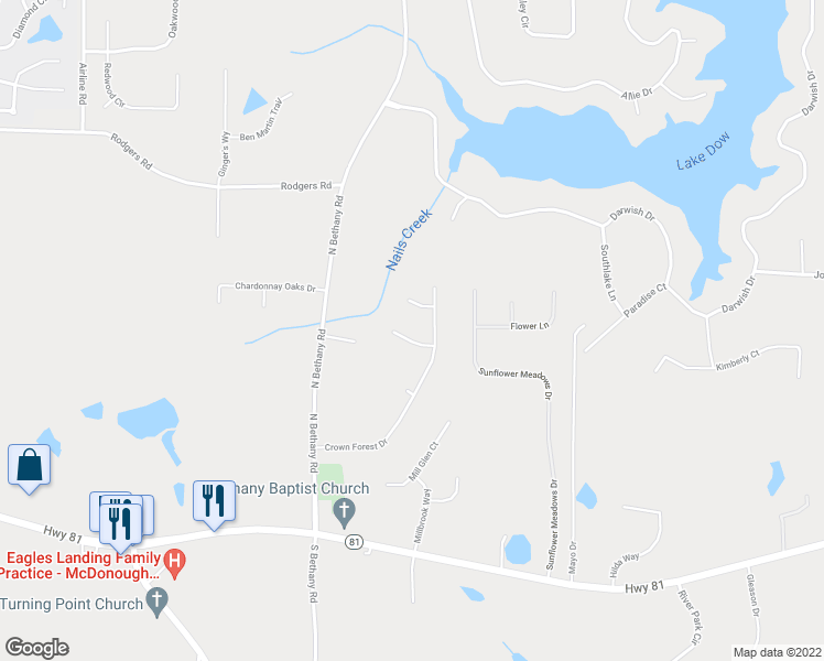 map of restaurants, bars, coffee shops, grocery stores, and more near 105 Old Hickory Point in McDonough