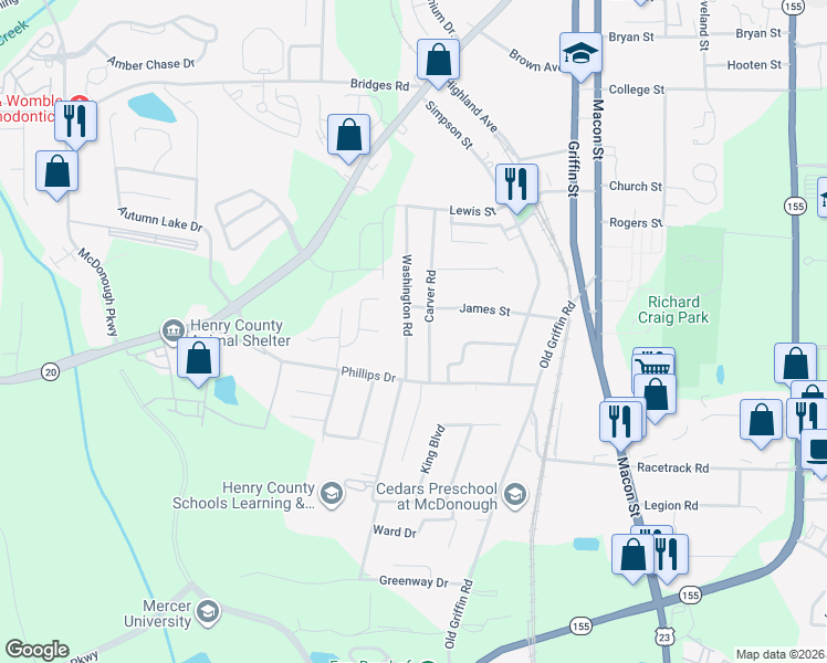 map of restaurants, bars, coffee shops, grocery stores, and more near 51 Carver Road in McDonough