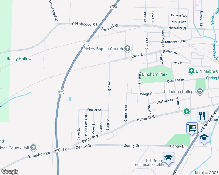 map of restaurants, bars, coffee shops, grocery stores, and more near 229 Long St in Talladega