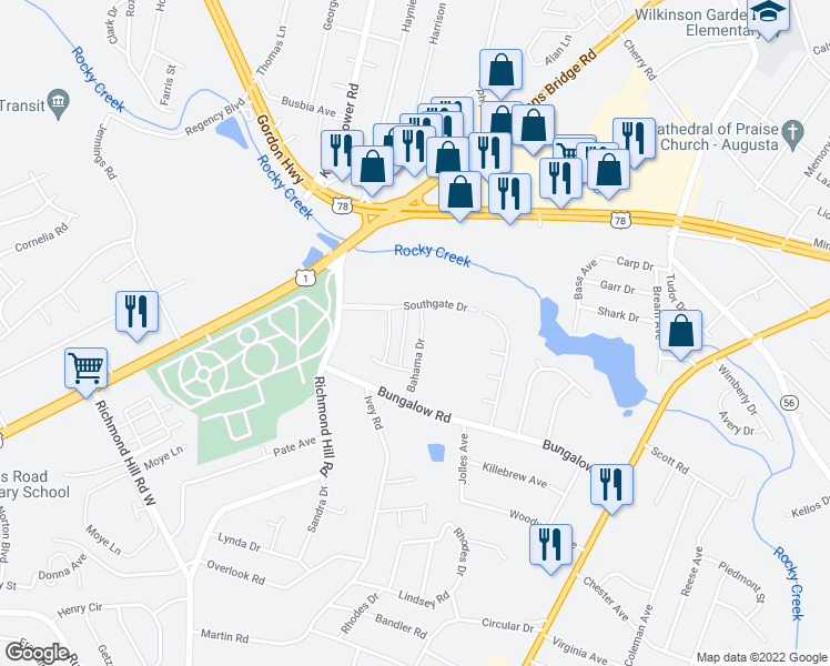 map of restaurants, bars, coffee shops, grocery stores, and more near 2405 Bahama Drive in Augusta