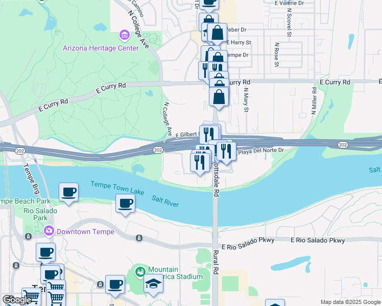 map of restaurants, bars, coffee shops, grocery stores, and more near 690 North Scottsdale Road in Tempe