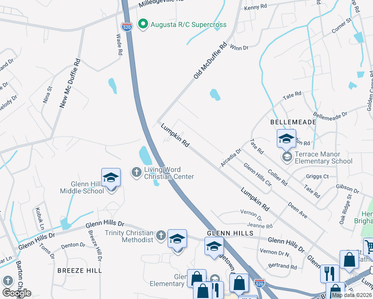 map of restaurants, bars, coffee shops, grocery stores, and more near 2870 Lumpkin Road in Augusta