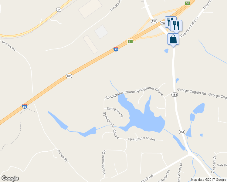 map of restaurants, bars, coffee shops, grocery stores, and more near 215 Springwater Chase in Newnan