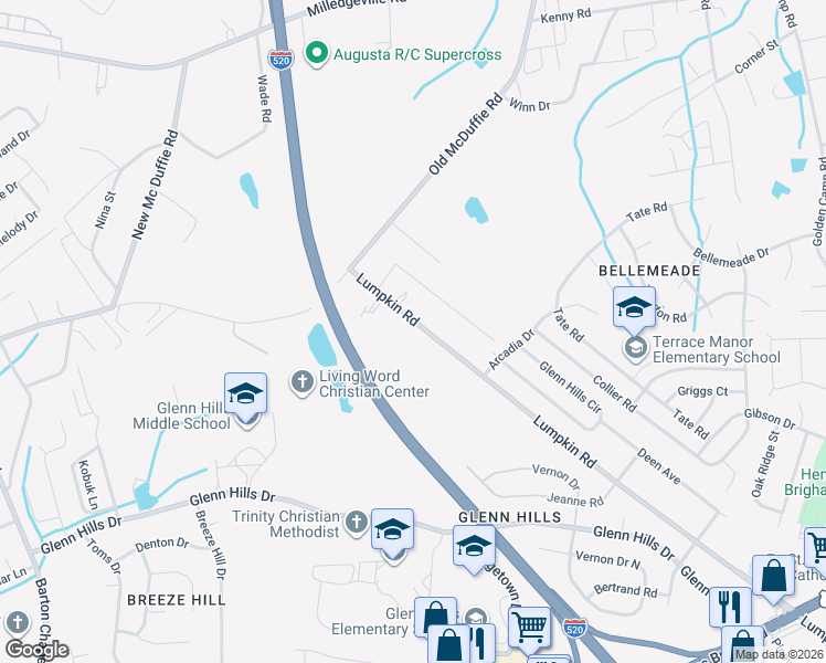 map of restaurants, bars, coffee shops, grocery stores, and more near 2870 Lumpkin Road in Augusta