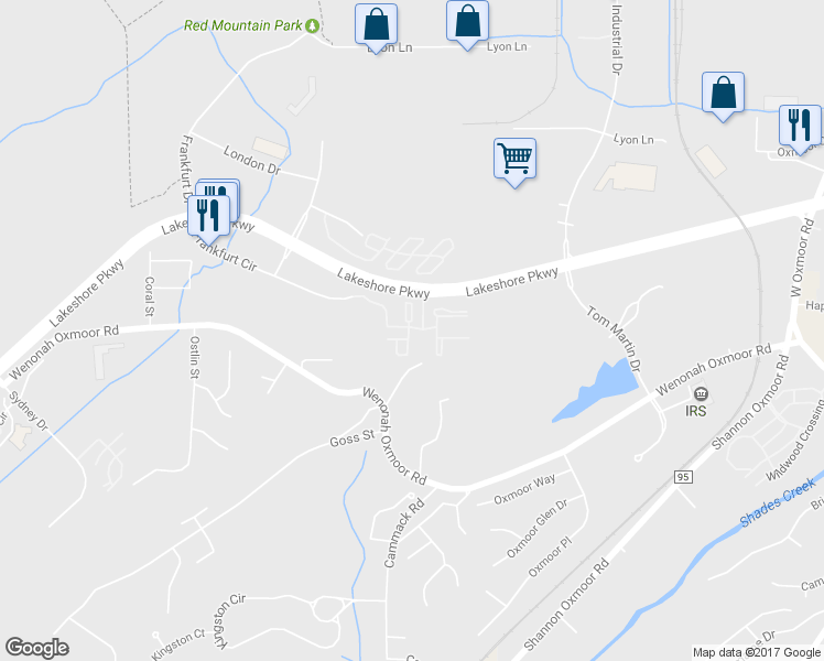 map of restaurants, bars, coffee shops, grocery stores, and more near Lakeshore Ridge in Birmingham