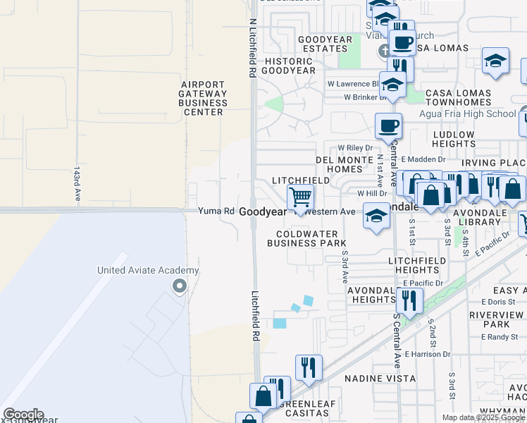 map of restaurants, bars, coffee shops, grocery stores, and more near in Goodyear