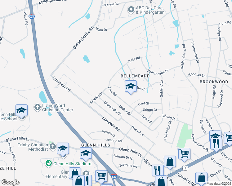 map of restaurants, bars, coffee shops, grocery stores, and more near 3126 Tate Road in Augusta