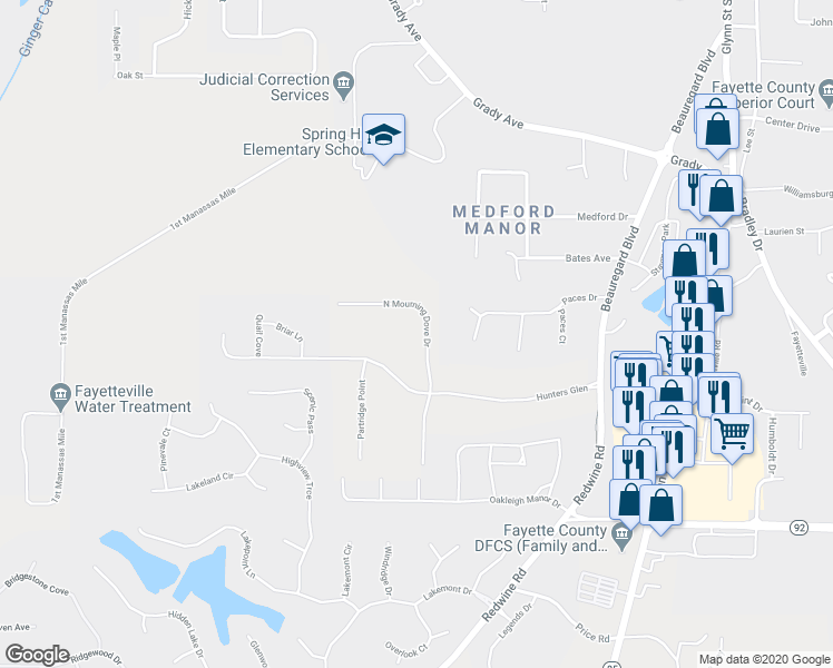 map of restaurants, bars, coffee shops, grocery stores, and more near 128 North Mourning Dove Drive in Fayetteville