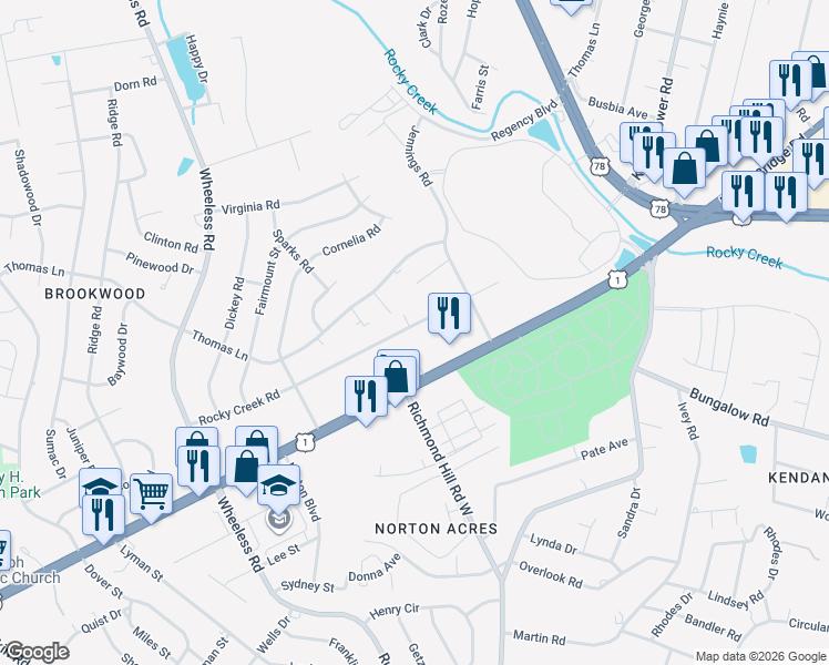map of restaurants, bars, coffee shops, grocery stores, and more near 2818 Rocky Creek Road in Augusta