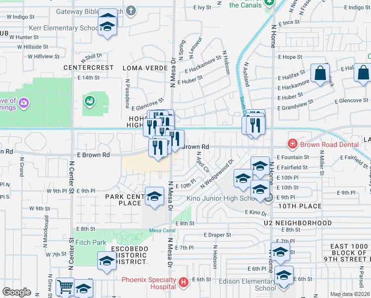 map of restaurants, bars, coffee shops, grocery stores, and more near 1105-1055 North Mesa Drive in Mesa