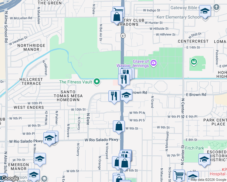 map of restaurants, bars, coffee shops, grocery stores, and more near 424 West Brown Road in Mesa