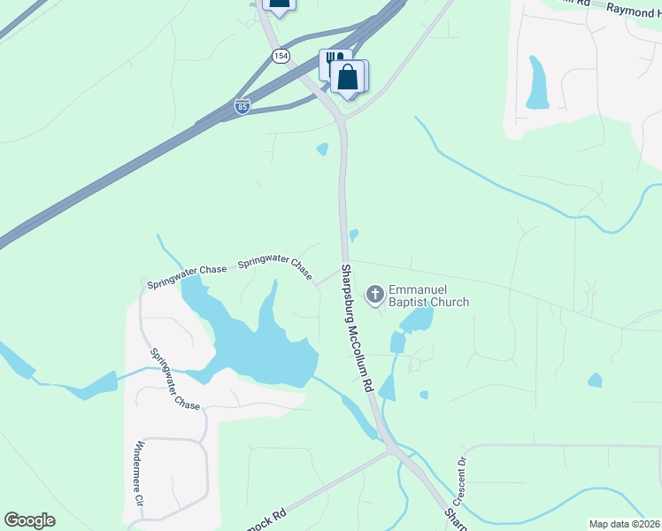 map of restaurants, bars, coffee shops, grocery stores, and more near 15 Springwater Way in Newnan