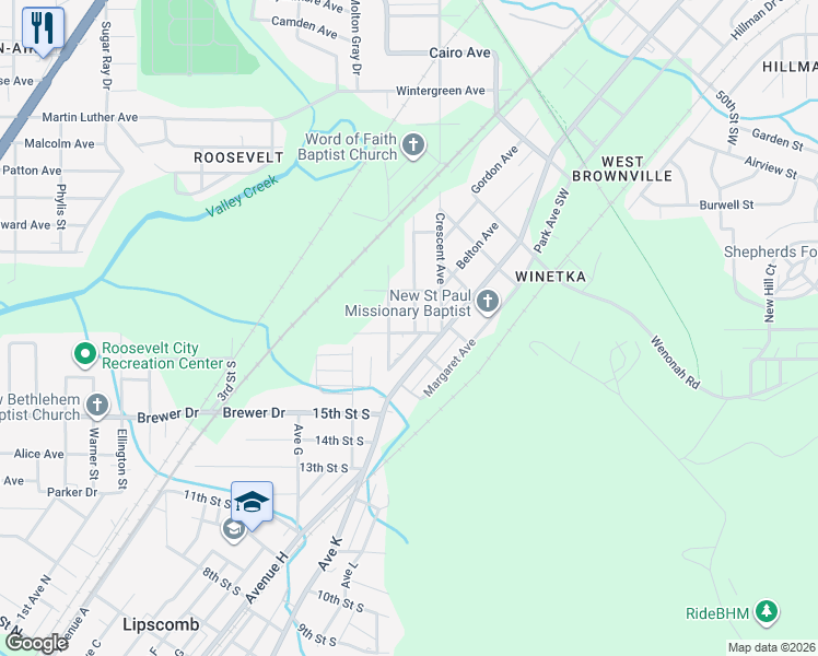 map of restaurants, bars, coffee shops, grocery stores, and more near 1723 Courtney Avenue in Bessemer