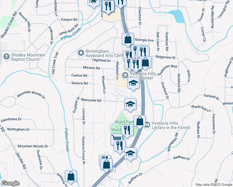 map of restaurants, bars, coffee shops, grocery stores, and more near 1922 Tree Top Lane in Vestavia Hills
