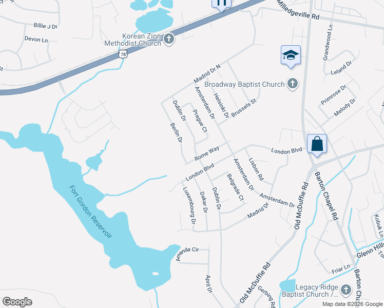 map of restaurants, bars, coffee shops, grocery stores, and more near 2377 Berlin Drive in Augusta