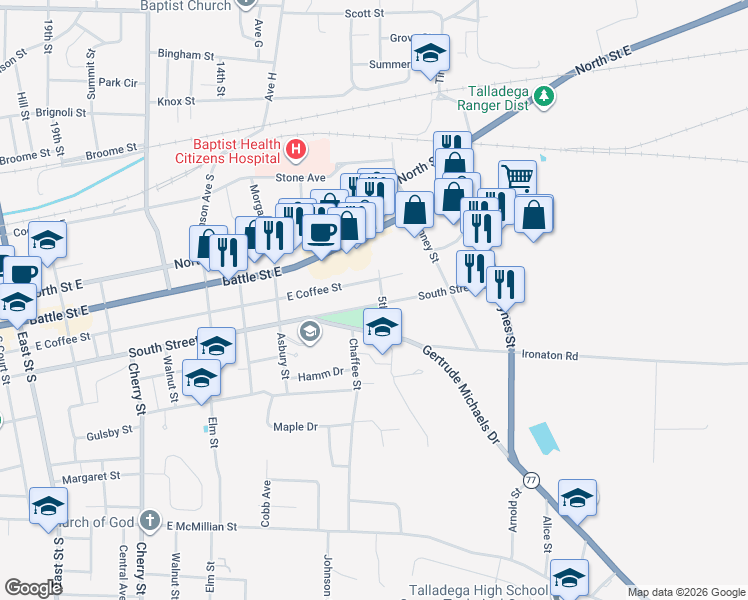 map of restaurants, bars, coffee shops, grocery stores, and more near 900 South Street East in Talladega