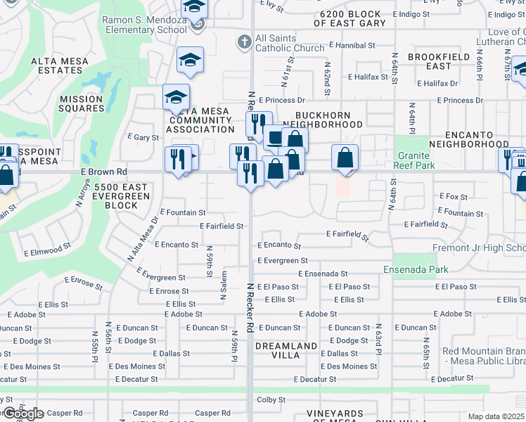 map of restaurants, bars, coffee shops, grocery stores, and more near 1055 North Recker Road in Mesa