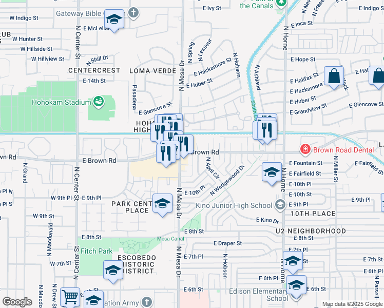 map of restaurants, bars, coffee shops, grocery stores, and more near 1105-1055 North Mesa Drive in Mesa