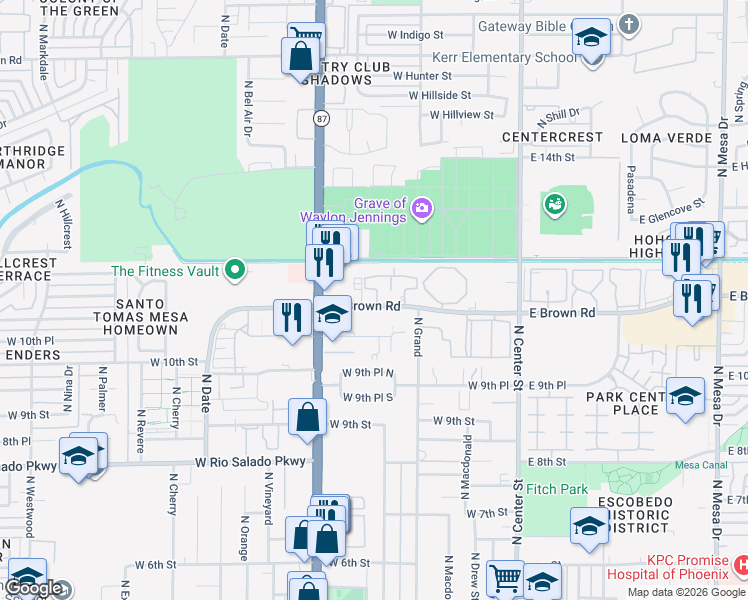 map of restaurants, bars, coffee shops, grocery stores, and more near 255 West Brown Road in Mesa