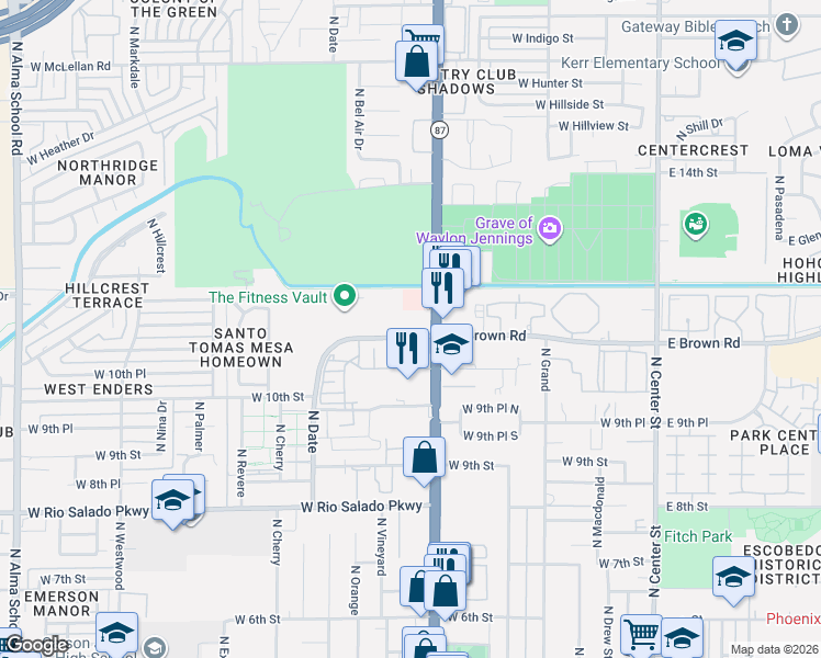 map of restaurants, bars, coffee shops, grocery stores, and more near 454 West Brown Road in Mesa