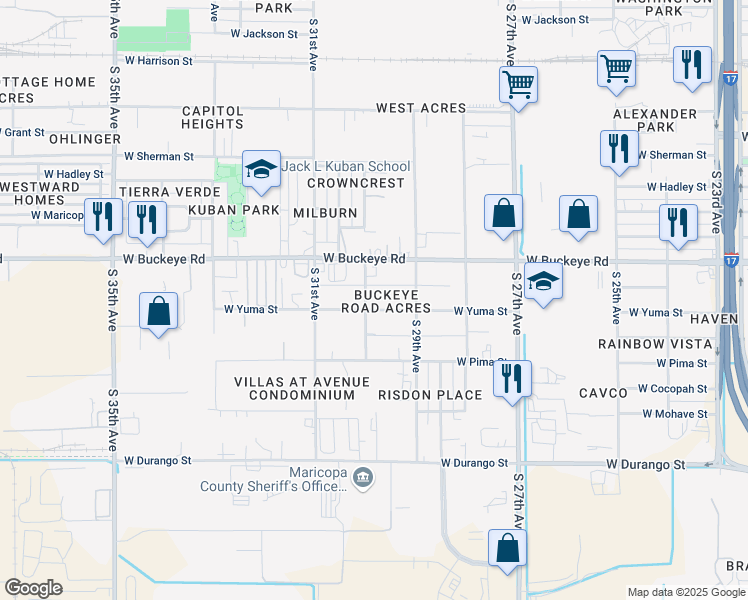 map of restaurants, bars, coffee shops, grocery stores, and more near 2939 West Yuma Street in Phoenix
