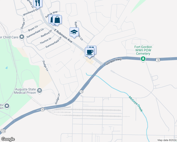 map of restaurants, bars, coffee shops, grocery stores, and more near 1512 McCoys Creek Road in Grovetown