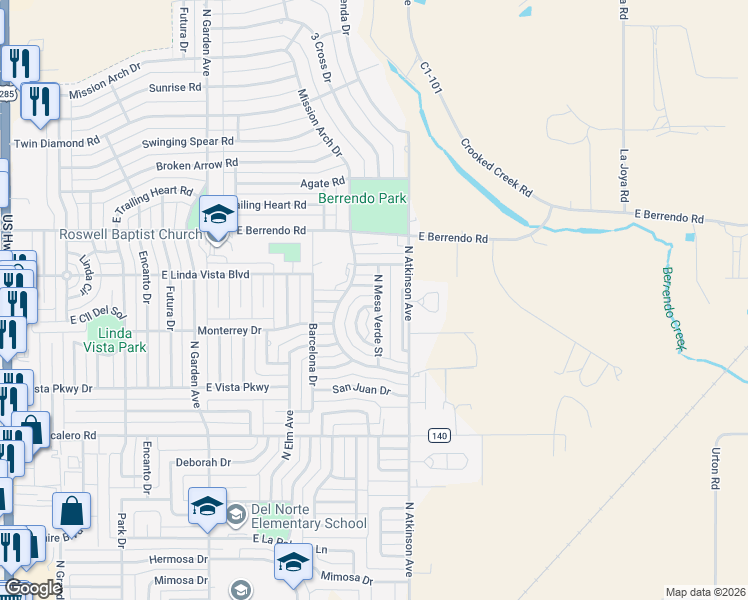 map of restaurants, bars, coffee shops, grocery stores, and more near 1-17 La Paz Street in Roswell